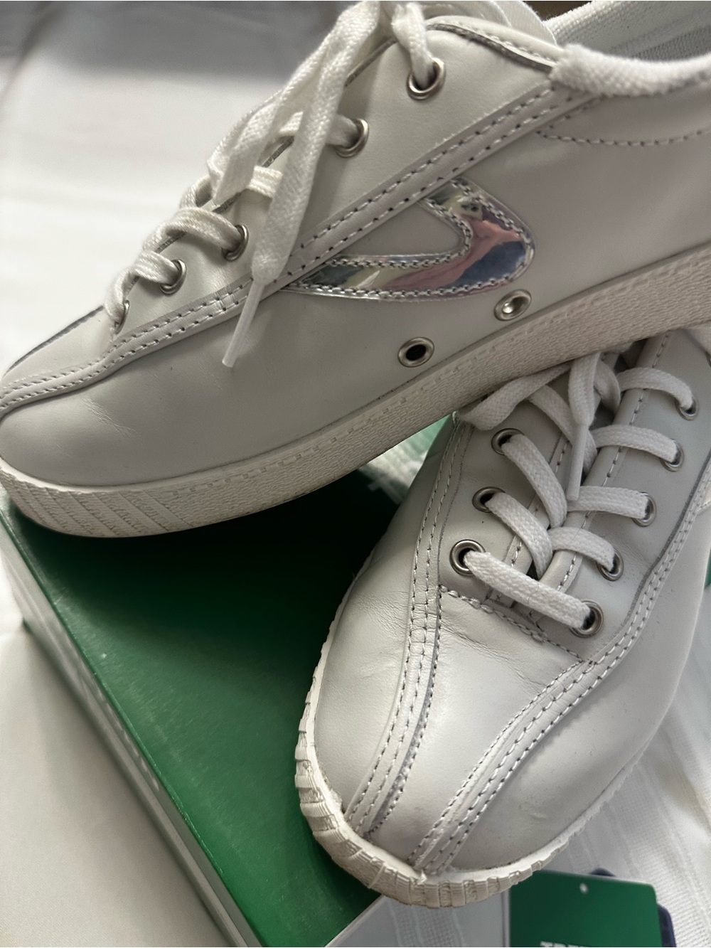 Tretorn White Leather Sneakers with Iridescent Side Logo